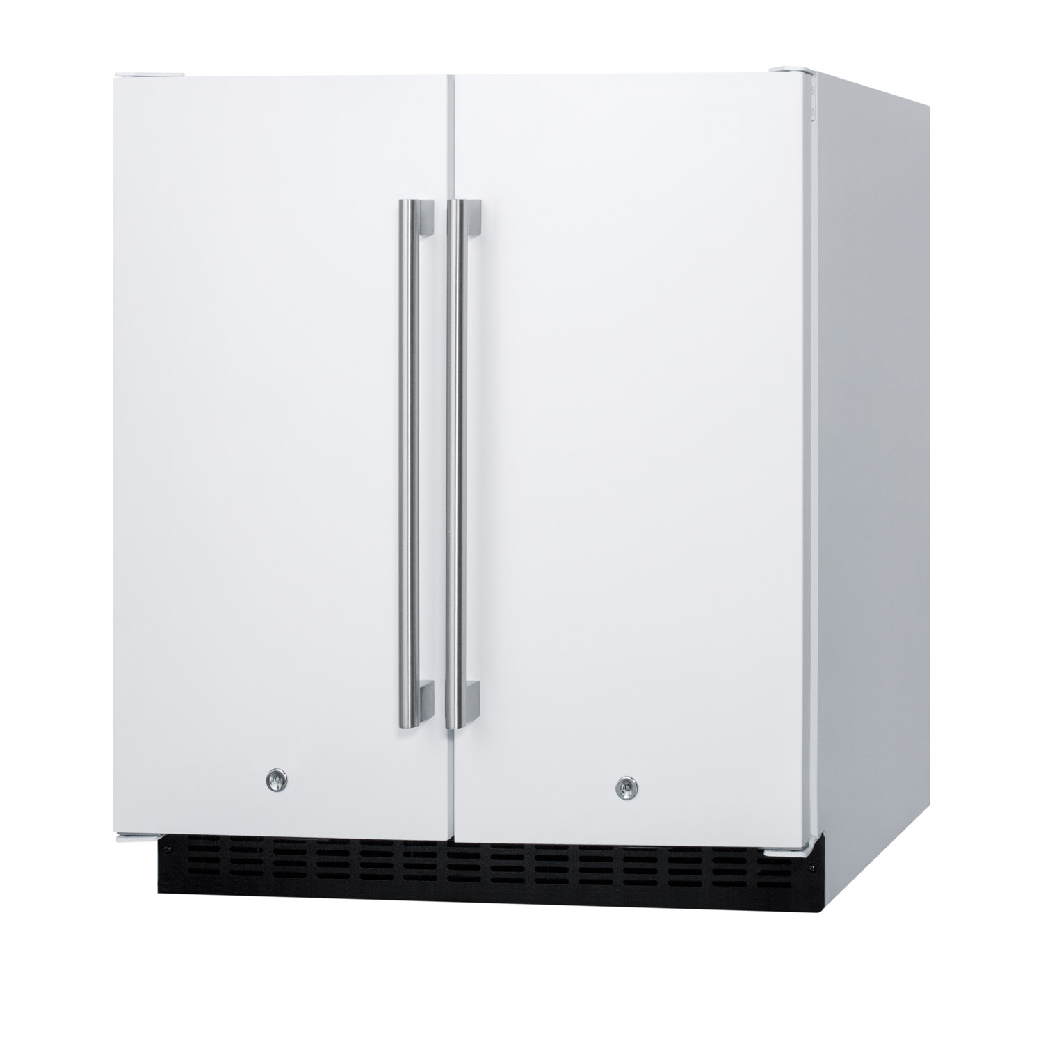 Frost-free side-by-side refrigerator-freezer for built-in or freestanding use in white finish with locks, stainless steel handles, door storage, and digital controls